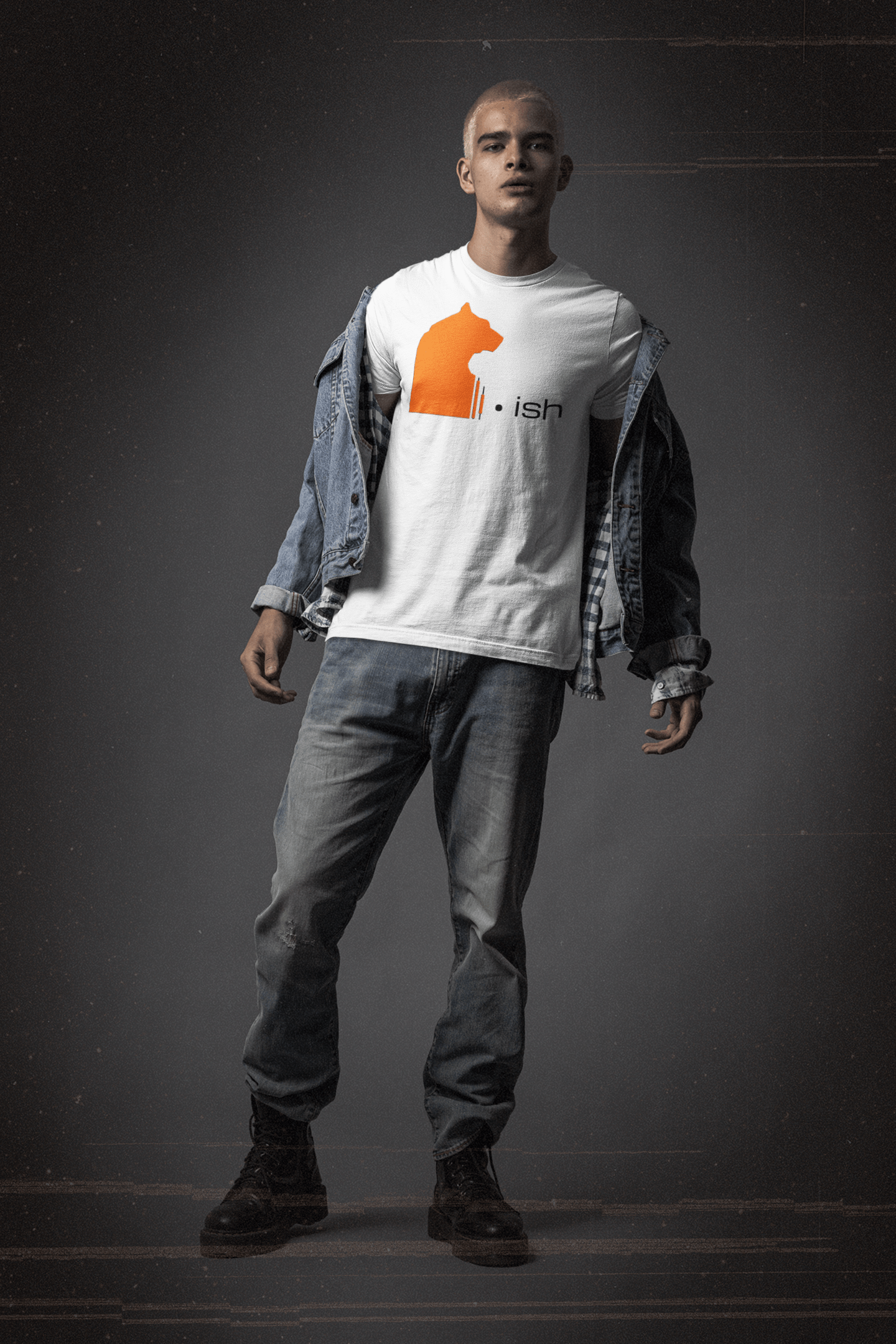 Bearish candlestick design on a white t-shirt mockup of a man wearing a grunge style outfit with a bella canvas 3001 t-shirt.