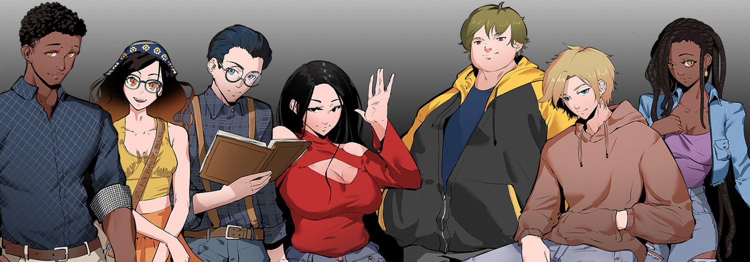 Banner comprised of the 7 main characters from Crazed Investor. From the Left to the Right, we have Roland, Phoebe, James, Naomi, Adam, Ray, and Tanya.