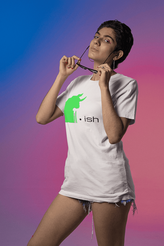 Bella+Canvas White T-shirt with a Basic Bull logo following "ish," stating they're bullish for the stock market or a specific company stock, being worn by a woman. Features a woman wearing the Crazed Investor LLC designed Garment.