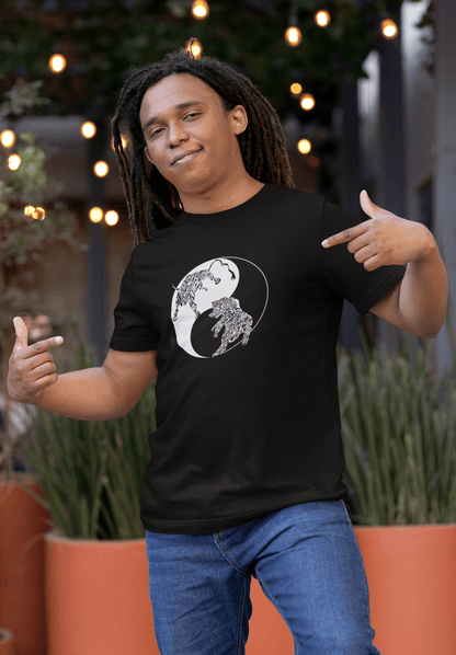 A man pointing at our Bullish/Bearish - Yin Yang - Tribal design, without text, on a black t-shirt.