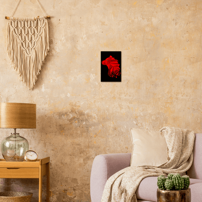 Mockup of our Fragmented Bearish design, of a Bear, on a Black background on an Aluminum dibond poster with the dimensions being 20x30 cm / 8x12″ mounted to a wall by the side of a sofa.