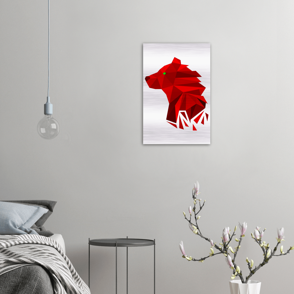 Mockup of our Fragmented Bearish design, of a bear, on a Brushed Aluminum dibond poster with the dimensions being 40x60 cm / 16x24″ mounted to a wall by the side of a bed.