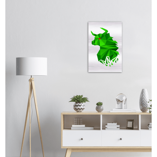 Mockup of our Fragmented Bullish design, of a Bull, on a Brushed Aluminum dibond poster with the dimensions being 40x60 cm / 16x24″ mounted to a wall above a modern dresser.