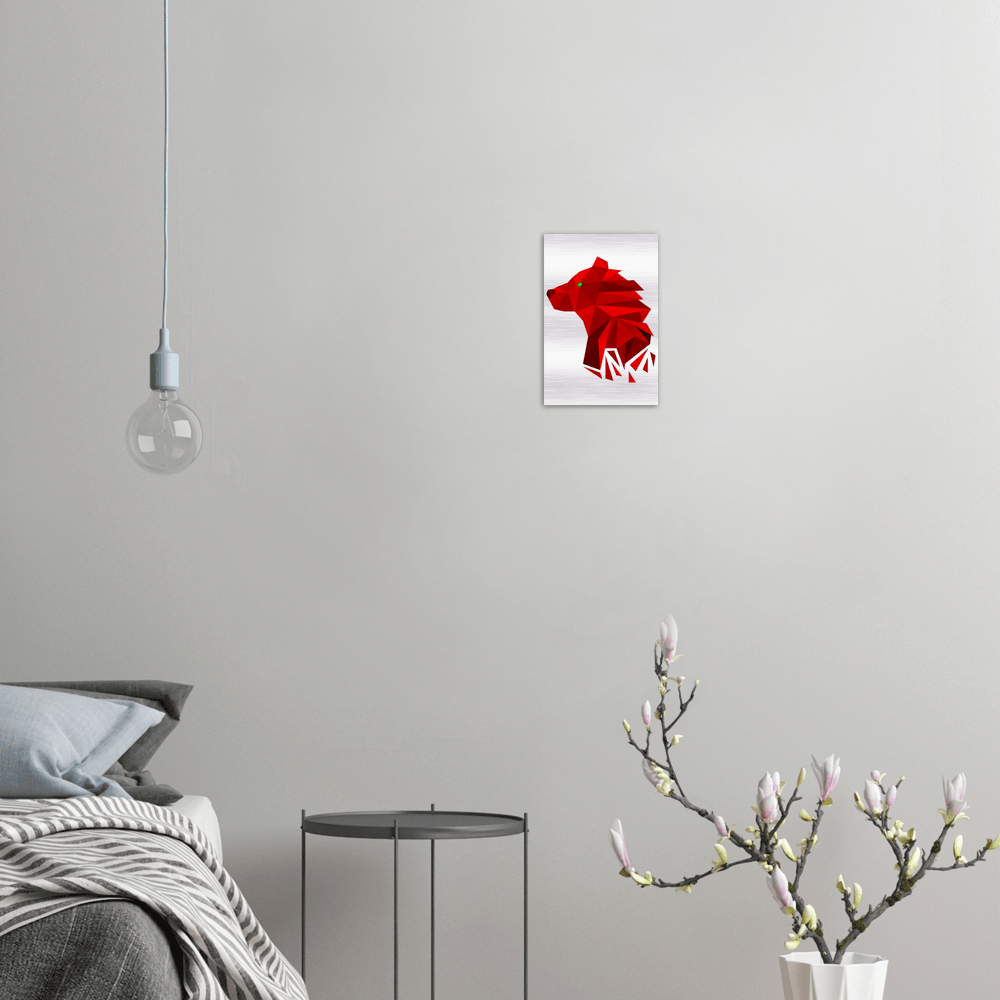 Mockup of our Fragmented Bearish design, of a bear, on a Brushed Aluminum dibond poster with the dimensions being 20x30 cm / 8x12″ mounted to a wall by the side of a bed.