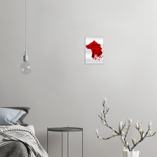 Mockup of our Fragmented Bearish design, of a bear, on a Brushed Aluminum dibond poster with the dimensions being 20x30 cm / 8x12″ mounted to a wall by the side of a bed.