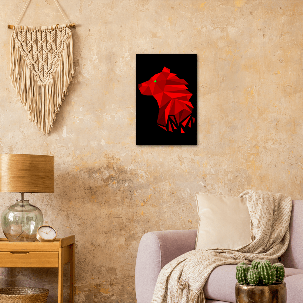 Mockup of our Fragmented Bearish design, of a Bear, on a Black background on an Aluminum dibond poster with the dimensions being 40x60 cm / 16x24″ mounted to a wall by the side of a sofa.