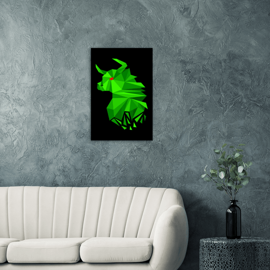 Mockup of our Fragmented Bullish design, of a Bull, on a black background on an Aluminum dibond poster with the dimensions being 40x60 cm / 16x24″ mounted to a wall above a couch.