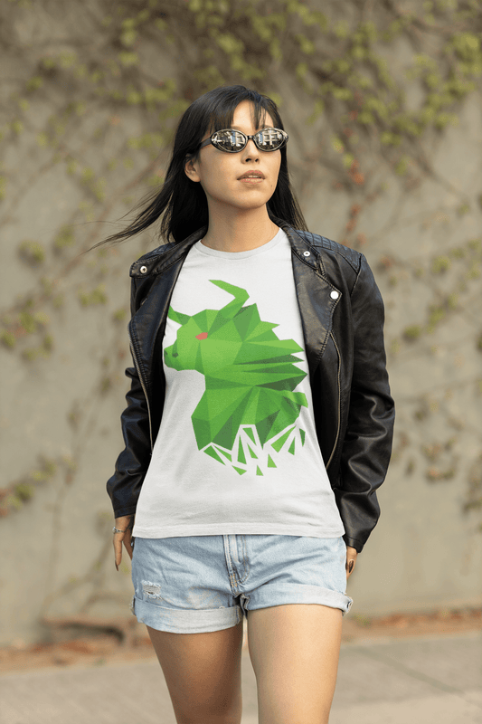 A young woman with a cool vibe, wearing our Bullish fragmented design on a White Bella Canvas t-shirt under her leather jacket.